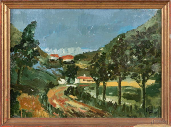 Paesaggio di campagna, XX secolo, olio su cartone telato, cm 25x35, firmato in basso a destra, entro cornice, (cartone imbarcato, abrasioni, cadute di colore, difetti)