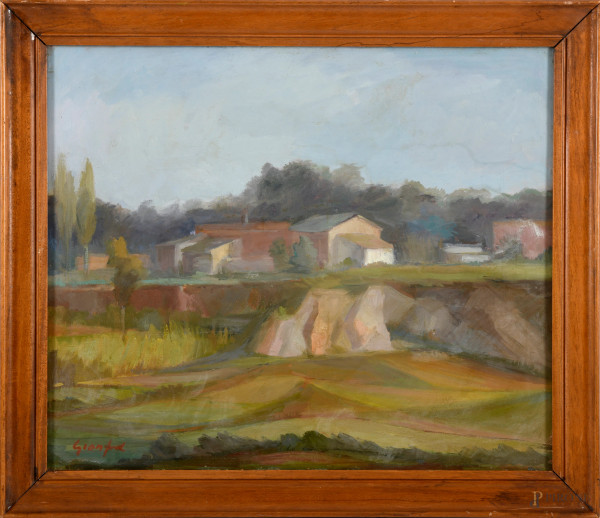 Paesaggio con casolare, olio su tela, XX secolo, firmato in basso a sinistra, cm 50x60 entro cornice