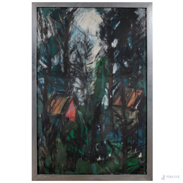 Giorgio Celiberti (1929), Paesaggio, 1958, tempera su tela, cm 150x100, firmato e iscritto al retro, entro cornice (tela da ritensionare)