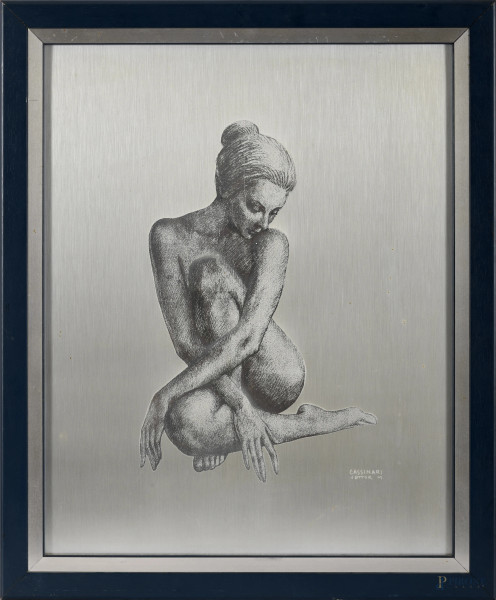 Marcello Cassinari Vettor, Nudo di donna su lastra di alluminio, firmato in basso, cm 50x40,5 entro cornice