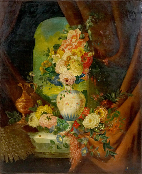 Pittore del XIX secolo, Vaso con fiori, olio su tela, cm 98x80.