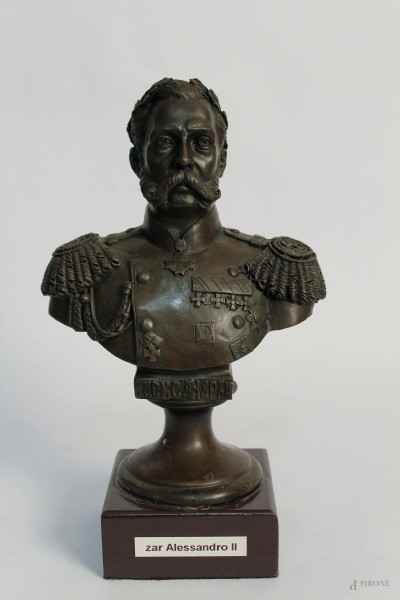 Zar Alessandro II, busto in bronzo con base in legno, H 24 cm.