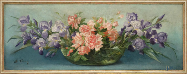 Vaso con fiori, olio su tela, cm 34x92, firmato, in cornice