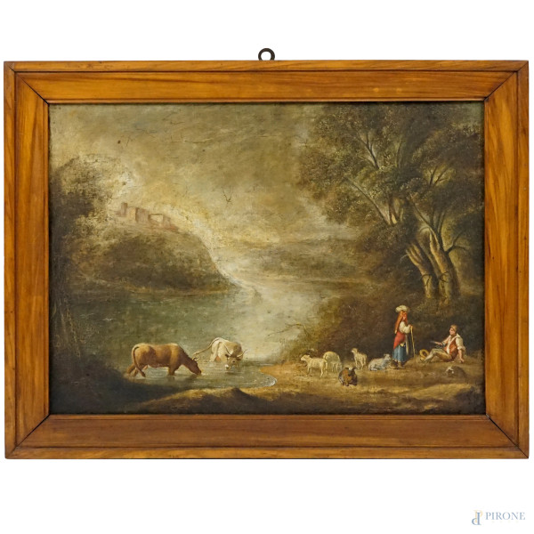 Pittore del XIX secolo, Paesaggio fluviale con contadini, olio su tela, cm 45,5x62, entro cornice