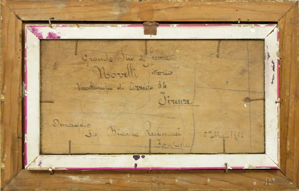 Paesaggio campestre con carretto e figure, olio su tavoletta, cm 11.5x22.5, firmato Novelli, entr...