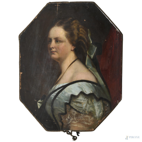 Ritratto di nobildonna, fine XIX secolo, olio su tela applicata su tavola ottagonale, cm 67x54, (abrasioni, cadute di colore, segni di usura)