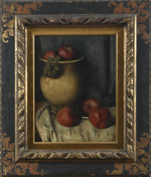 Natura morta di mele, XX secolo, olio su tavola, cm 50x40, firmato in basso a destra, entro cornice