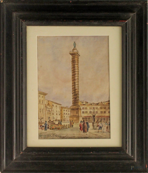 Scorcio di piazza con colonna e figure, acquarello su carta, cm. 27x19, firmato Dante Ricci, entro cornice.