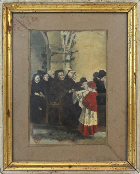 Interno di chiesa con fedeli e chierichetto, olio su cartoncino, cm 28,5x21,5, inizi XX secolo, entro cornice.