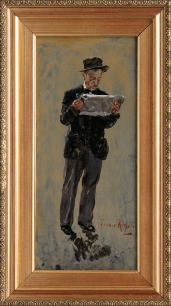 Gentil'uomo con giornale, olio su tela, 15x32 cm, entro cornice