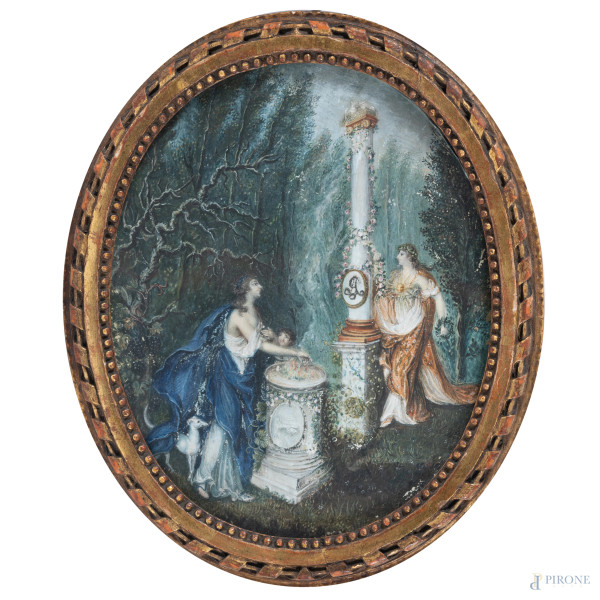 Miniatura a serto ovale con scena cortese-mitologica, XIX secolo, cm 14x12, entro cornice, (lievi segni di usura)