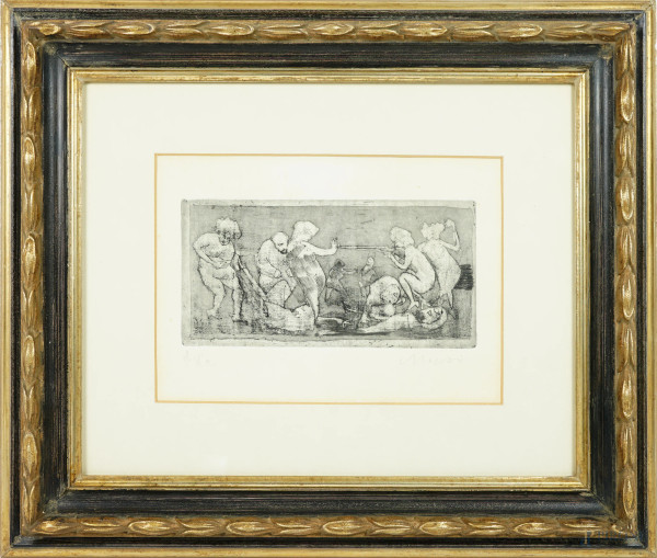 Mino Maccari - Figure 1960-1965, acquaforte e acquatinta, firmata in basso a sinistra, Prova d'autore, etichetta a tergo Galleria Tornabuoni, cm 37x46,5 compreso passpartout, entro cornice  (pubblicata nel catago Electa n. 1243)