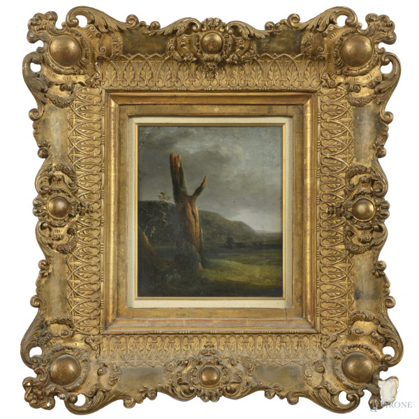 Paesaggio con tronco d'albero, XIX secolo, olio su tela, cm 22x18, entro cornice, (segni di usura, craquelure, sollevamenti di colore)