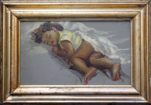 Bambino dormiente, olio su cartone firmato Cannata, cm 31 x 50, entro cornice.