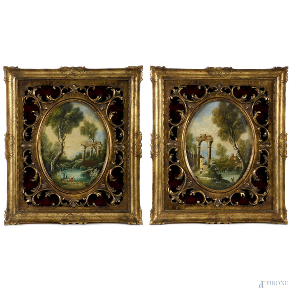 Coppia di capricci, olio su rame a serto ovale, XX secolo, firmati in basso, cm 23x17 entro cornice, (difetti)