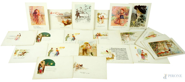 N.27 cartoline di canzoni napoletane illustrate da P.Scoppetta (1863-.1920), cm 12x16,5.