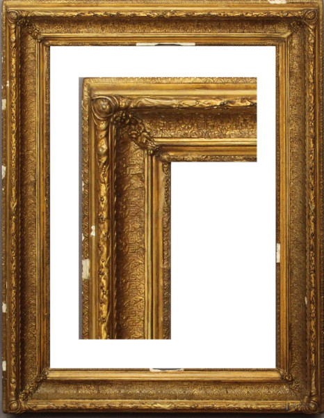 Cornice dorata del XIX secolo in legno e pastiglia, misura specchio 71x49, ingombro cm. 90x67,5, (difetti).