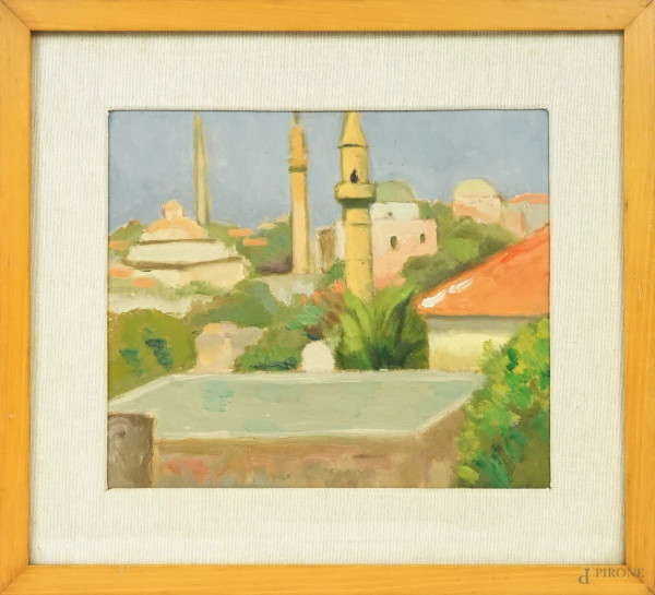 Veduta di città mediorientale, XX secolo, olio su tavoletta, cm 25,5x29,8, entro cornice