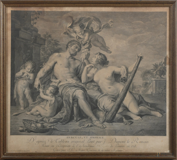 Ercole e Onfale, XIX secolo, stampa su carta, cm 48x53, entro cornice, (segni di usura, ossidazione, tracce di umidità, gore, foxing, lacerazione)