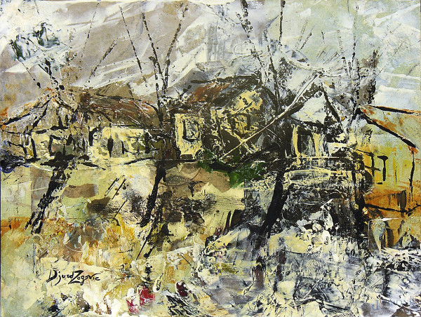 Djurd Zogovic (XX sec.) Paesaggio con case e alberi, tecnica mista su carta, cm 30x40 circa, firmato 