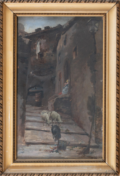 Scena di paese con pecore e maiale, XX secolo, cm 38,5x23, entro cornice, entro cornice, (segni di usura, cadute di colore)