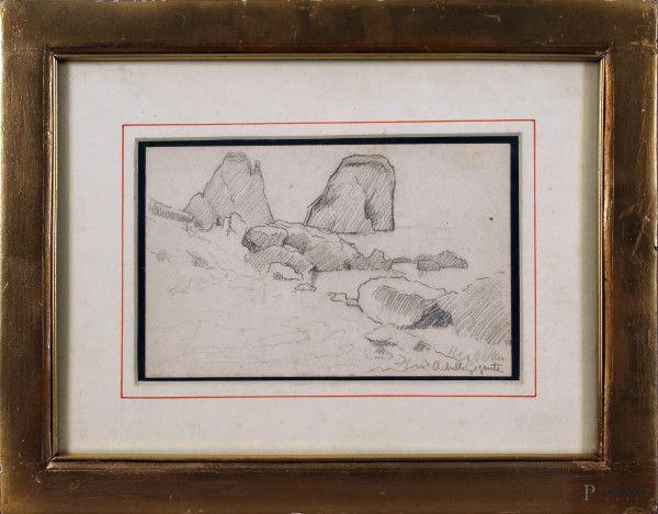 I faraglioni di Capri, disegno a matita su carta cm. 17x26, firmato entro cornice.