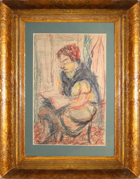 Ritratto di donna in lettura, pastello su carta, cm 48 x 31, entro cornice.