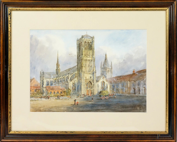 Cattedrale di San Martino a Ypres, acquerello su carta, XIX-XX secolo, firmato in basso a destra, cm 26,5x38, entro cornice