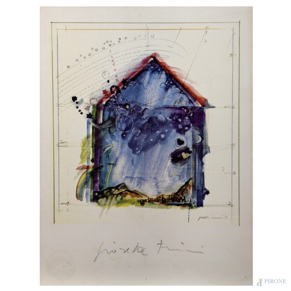 Riproduzione fotolitografica dell'opera diGiosetta Fioroni "Astronomia", eseguita per la serie Le sette Arti Liberali di Bolaffi Arte, cm 28x20