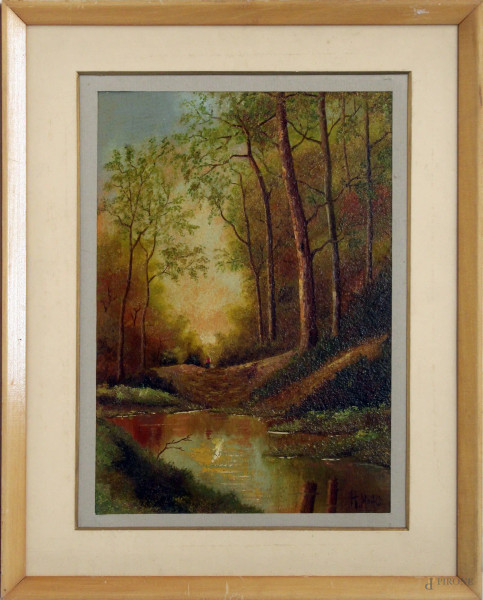 Paesaggio boschivo con ruscello, olio su tavola, cm 35x25, firmato, entro cornice.