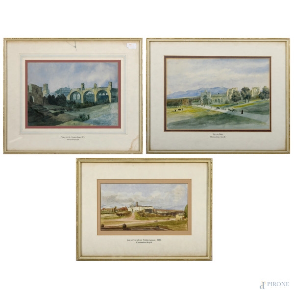 Lotto di 3 acquerelli con vedute di Roma, XIX secolo, entro cornice (difetti): Porta Laterano, cm 23,5x34,5; Santa Croce da San Giovanni in Laterano, cm 13,5x25; Palazzo dei Cesari, cm 24,5x34,5