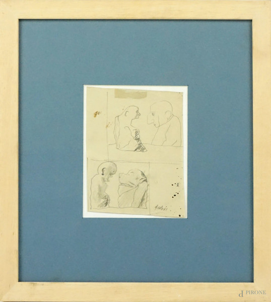 Figure, disegno a matita su carta, cm 12,5x10, firmato Sironi, entro cornice, (macchie)