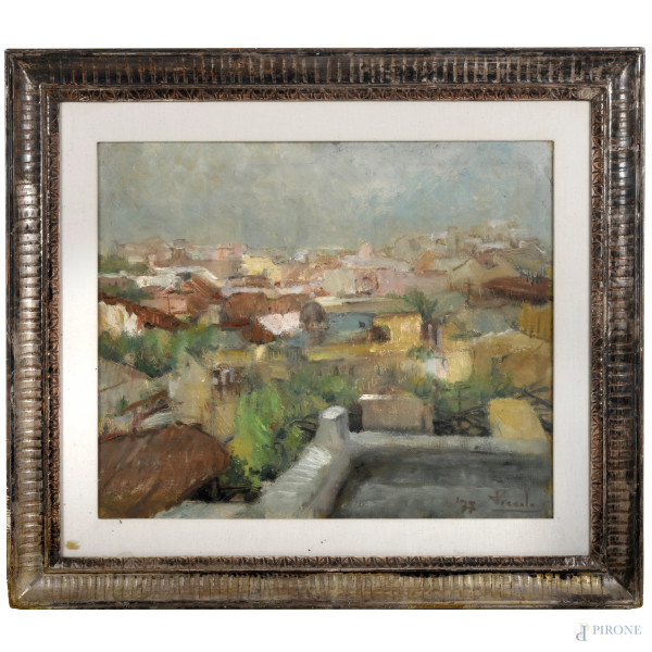 Ettore Piccolo, Tetti del Sud, olio su compensato, cm 50x60 firmnato e datato "77" in basso a des...