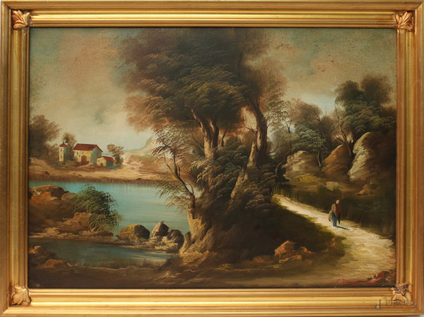 Paesaggio fluviale con sentiero e figura, olio su tela, cm 50x70, entro cornice.
