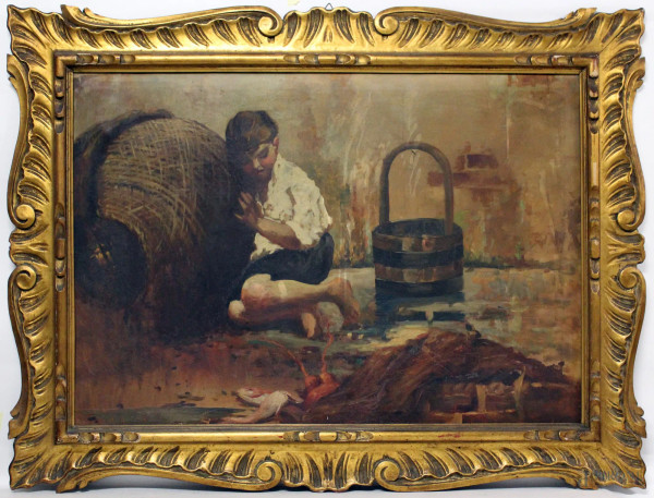 Guido Montanari - Fanciullo con cesta, dipinto olio su tela, cm. 70x100, entro cornice.
