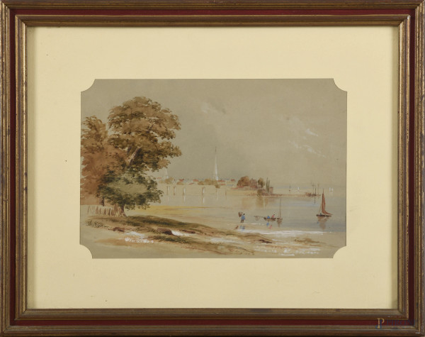 Paesaggio con barche e pescatori, XIX-XX, tecnica mista su carta, cm 28,5x37,5 compreso passepartout, entro cornice, (lievi segni di usura e ossidazione della carta)