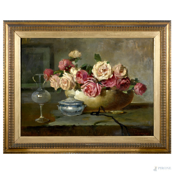 Natura morta, XX secolo, olio su compensato,  cm 59,5x80, firmato in basso a destra, entro cornice, (supporto imbarcato)