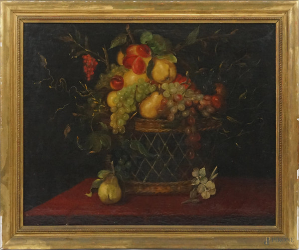 Cesta di frutta, olio su tela, cm 65x81, fine XIX-inizi XX secolo, in cornice.