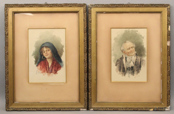 Lotto di due dipinti raffiguranti anziano e fanciulla, acquarelli su carta cm 22x15, firmati, entro cornici.