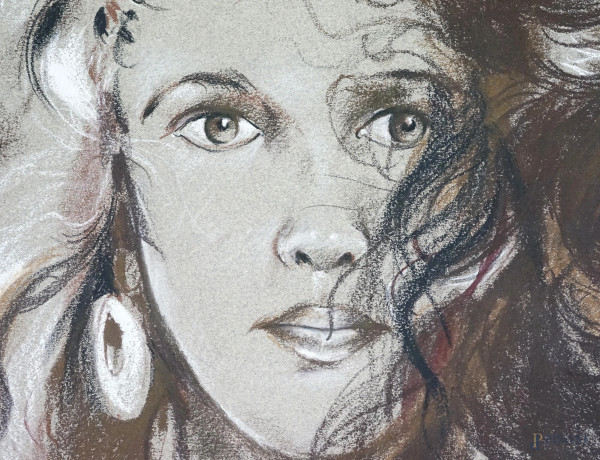 Ritratto di donna, tecnica mista su carta, cm 42x32,2, firmato e datato '81, entro cornice