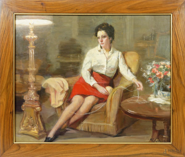 Francesco Galante (1884-1972), Ritratto femminile, olio su tela, firmato in basso a destra, cm 50x60, entro cornice