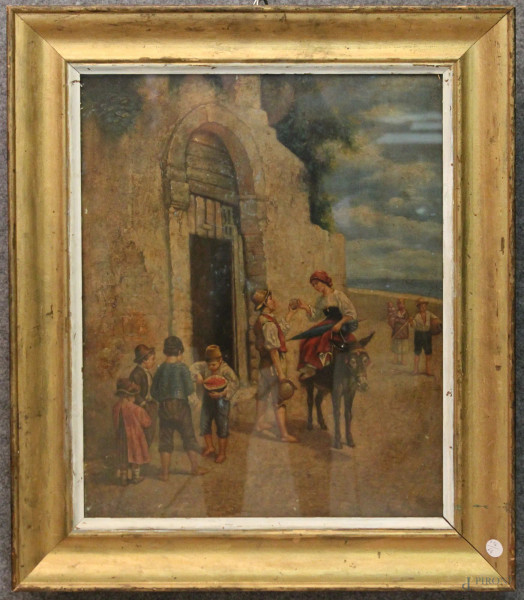 Scena contadina con fanciulli e asinello, olio su tavola 49x39 cm, entro cornice.