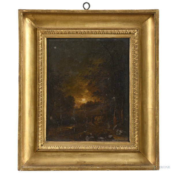 Paesaggio al chiaro di luna, XIX secolo, olio su tela, cm 31x25, entro cornice, (segni di usura, craquelure, abrasioni)