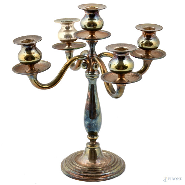 Candelabro a 5 luci in argento 800/000, XX secolo, altezza cm 28, peso gr 700