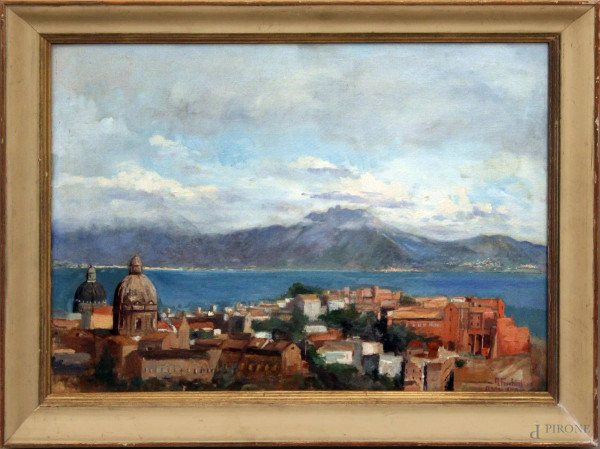 Veduta del lago di Bracciano, olio su tavola, 40x55 cm, entro cornice firmato A.Foschini
