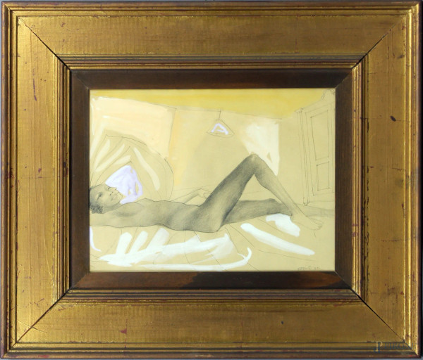 Ugo Attardi - Nudo di donna,tecnica mista su carta telata 24x32,5 cm, entro cornice.