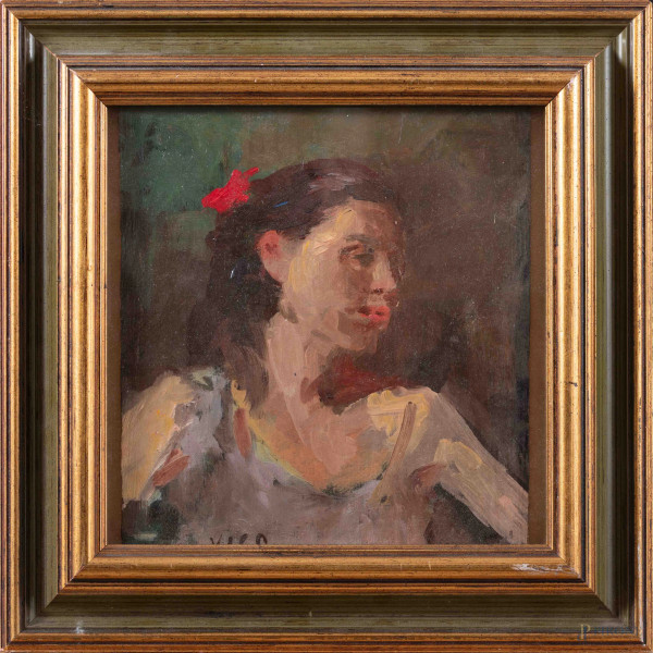 Ragazza con fiore tra i capelli, XX secolo, olio su compensato, cm 19x17, entro cornice