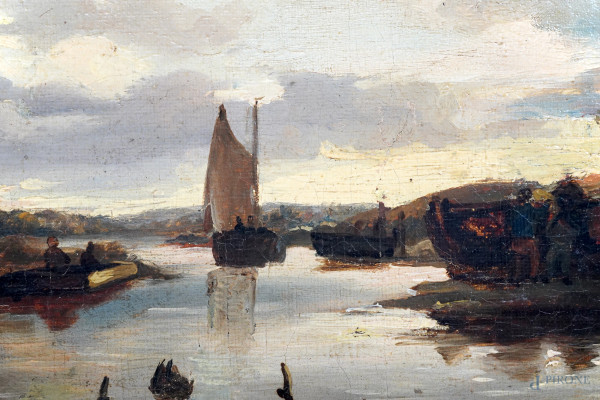 Paesaggio fluviale con casa, XIX secolo, olio su tela, cm 28,5x48,5, entro cornice