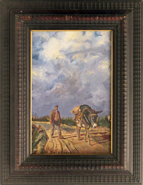 Paesaggio con contadino ed asinello, olio su tavola cm. 36,5x25, firmato entro cornice.