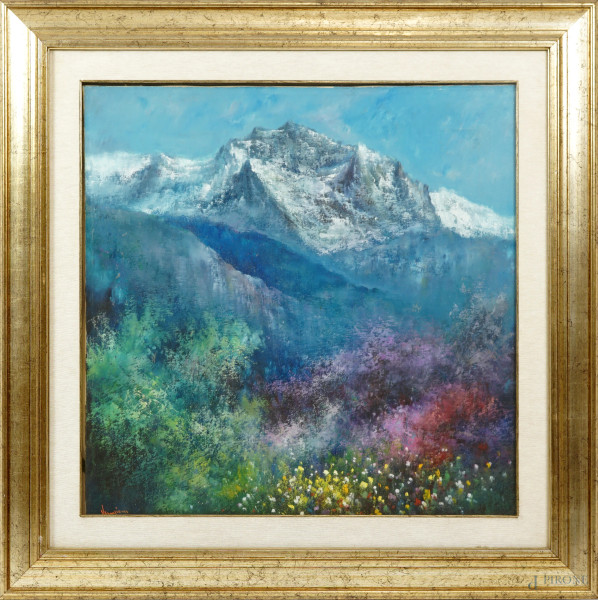 Omaggio alla Valle d'Aosta, olio su tela, cm 70x70, firmato fronte retro Veneziani, entro cornice